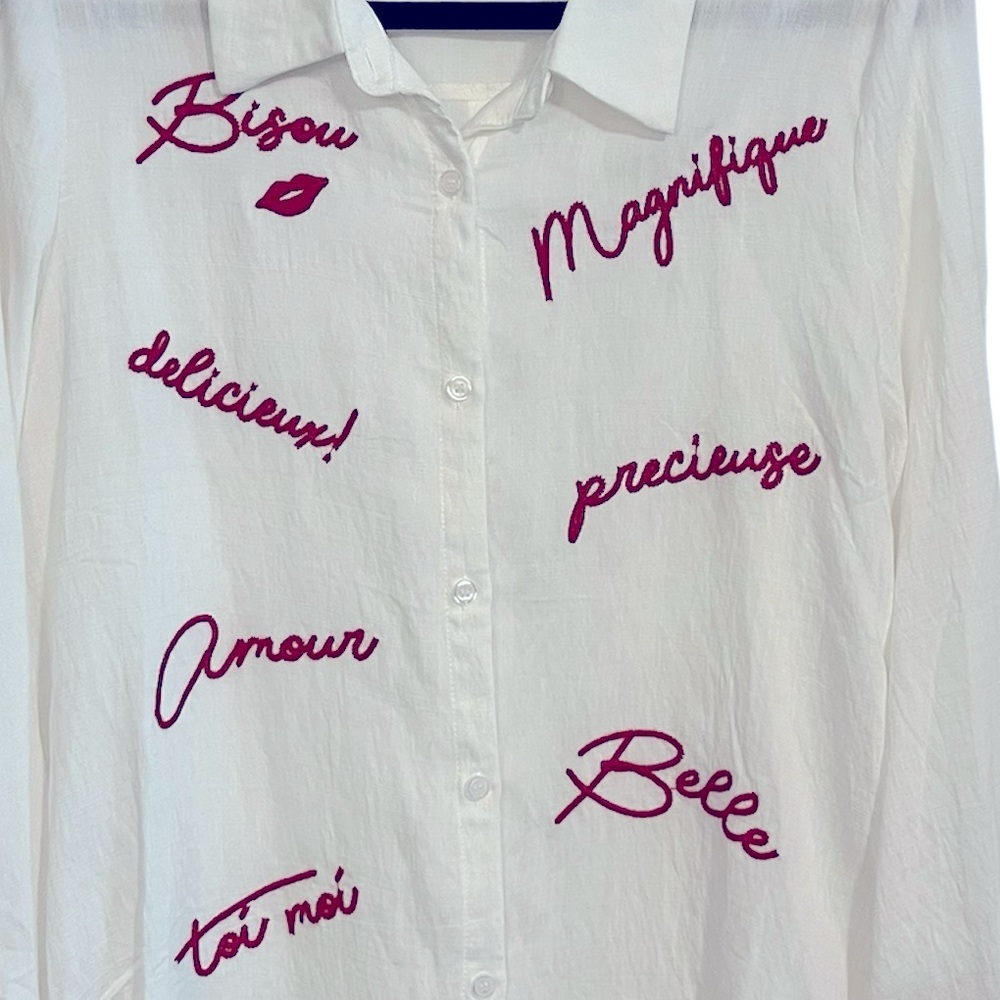 Milk & Honey White & Red Amour Embroidered Button Down Blouse Size: Large - Picture 3 of 9